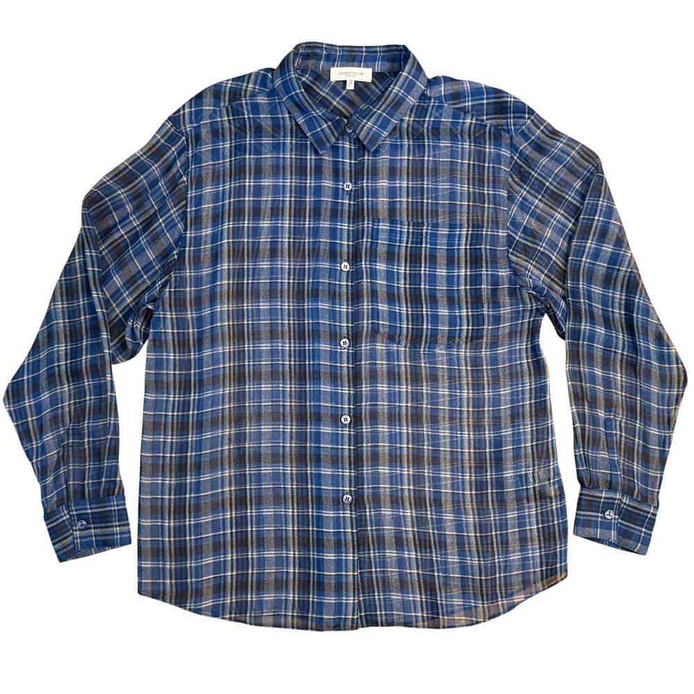 Lafayette 148 Regatta Top 100% Silk Checked Button Front Sheer Blue Women Medium